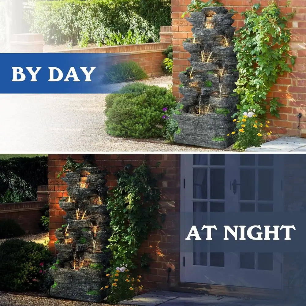 40''H Outdoor Water Fountain - Garden Rock Waterfall Fountains, Outdoor/Indoor Floor Standing Resin Water Fountain with 10 LED L
