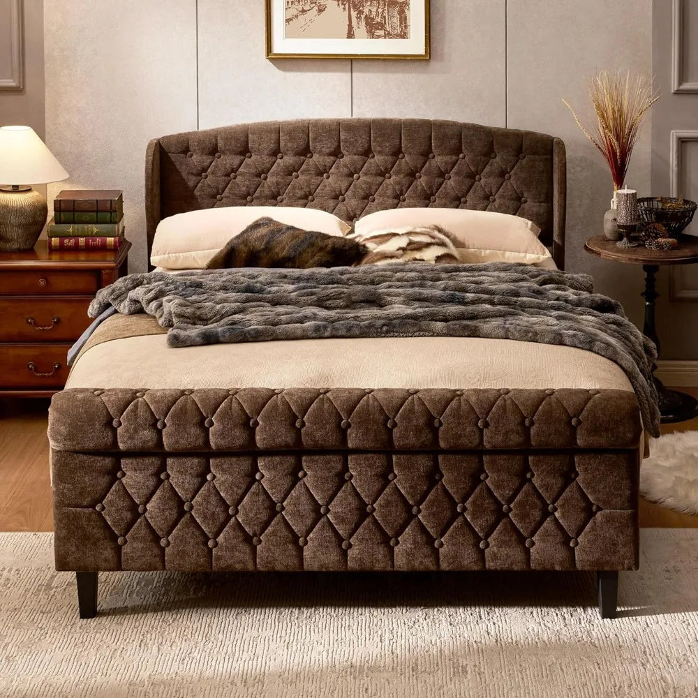 Queen Size Sleigh Bed Frame – Chenille Upholstered Wingback Headboard with Button-Tufted Scroll Footboard