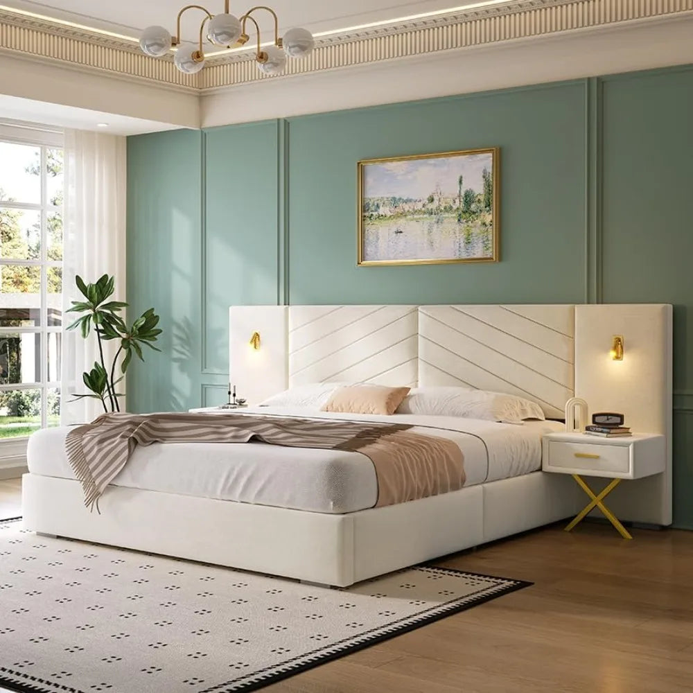 Luxurious King Platform Bed Frame – Velvet Upholstered Headboard with Built-In Sconces & Nightstands