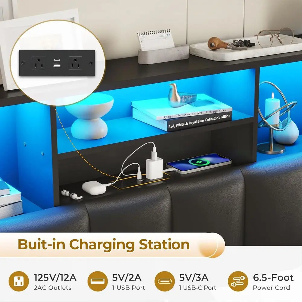 Queen Wooden Bed Frame with Bookcase Headboard – LED Lights, Charging Ports & Storage Drawers (Black)