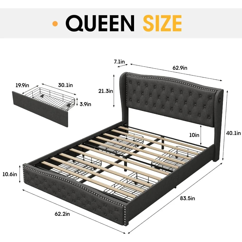 Queen Size LED Upholstered Bed Frame with Storage Drawers & Charging Station – Wingback Headboard