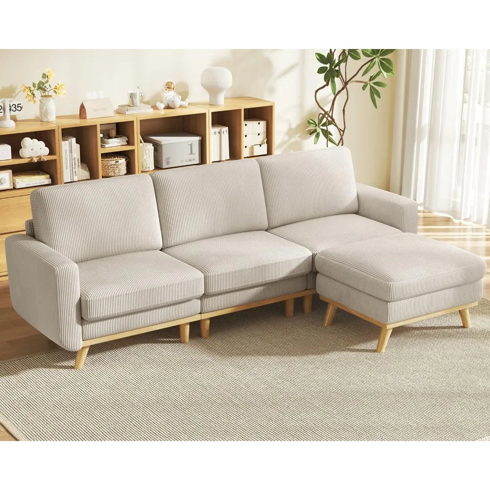 97" Modular Sectional Sofa Light Gray, L-Shaped Couch with Movable Ottoman, Comfy Corduroy Couch with Spring Cushion,