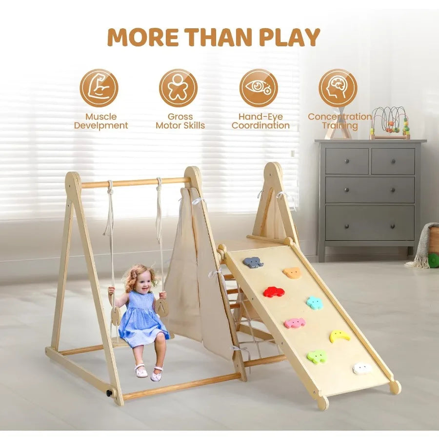 7-in-1 Foldable Indoor & Outdoor Jungle Gym – Wooden Climbing Set with Adjustable Swing