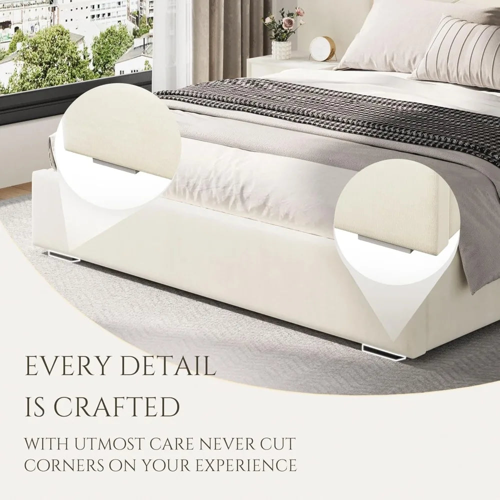 Luxurious King Platform Bed Frame – Velvet Upholstered Headboard with Built-In Sconces & Nightstands