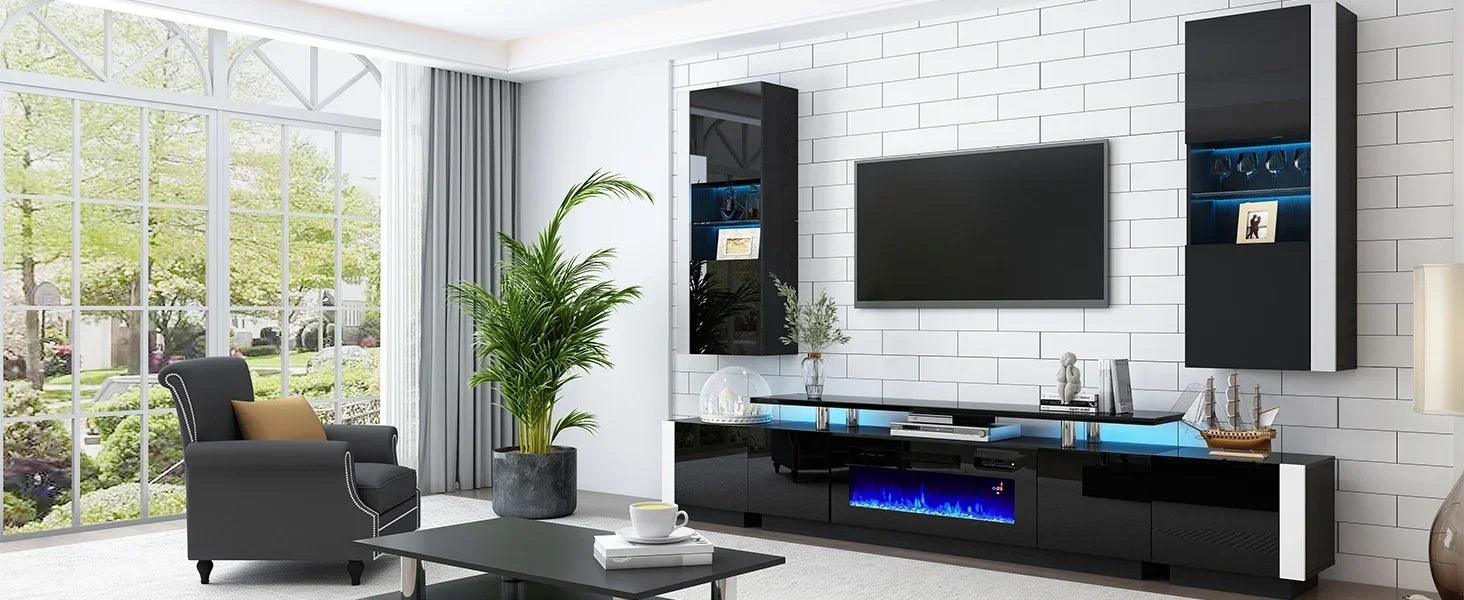 Fireplace TV Stand for 80 "TVs, LED Light, Entertainment Center, 2-Tier Storage", High Gloss, 70"