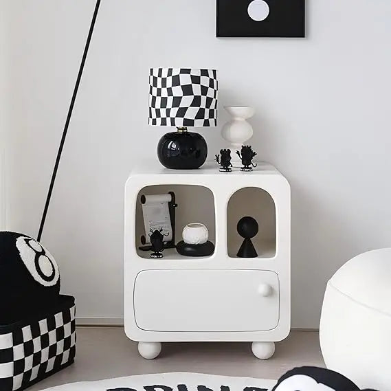 Contemporary White Nightstand with Open Shelf and Drawer, Compact End Table for Bedroom Use