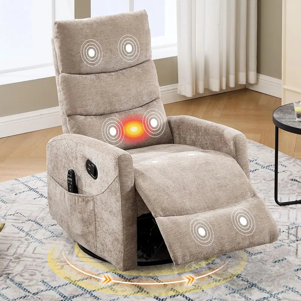 Upholstered Swivel Rocker Recliner with Vibration Massage, Plush Glider Chair with Lumbar Heat for Nurseries, Living Room Reclin