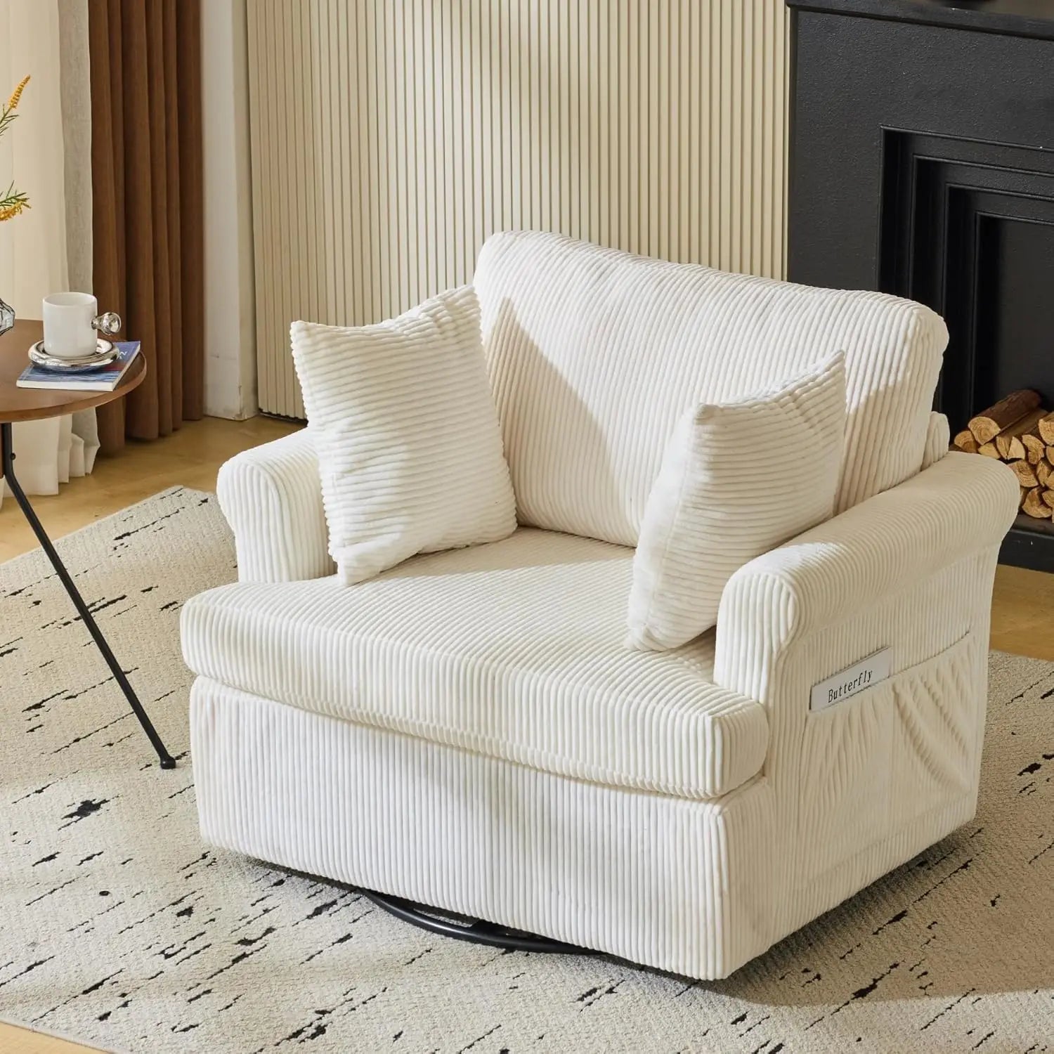 Swivel Accent Chair – 39″ Oversized Corduroy Barrel Armchair with Pillows