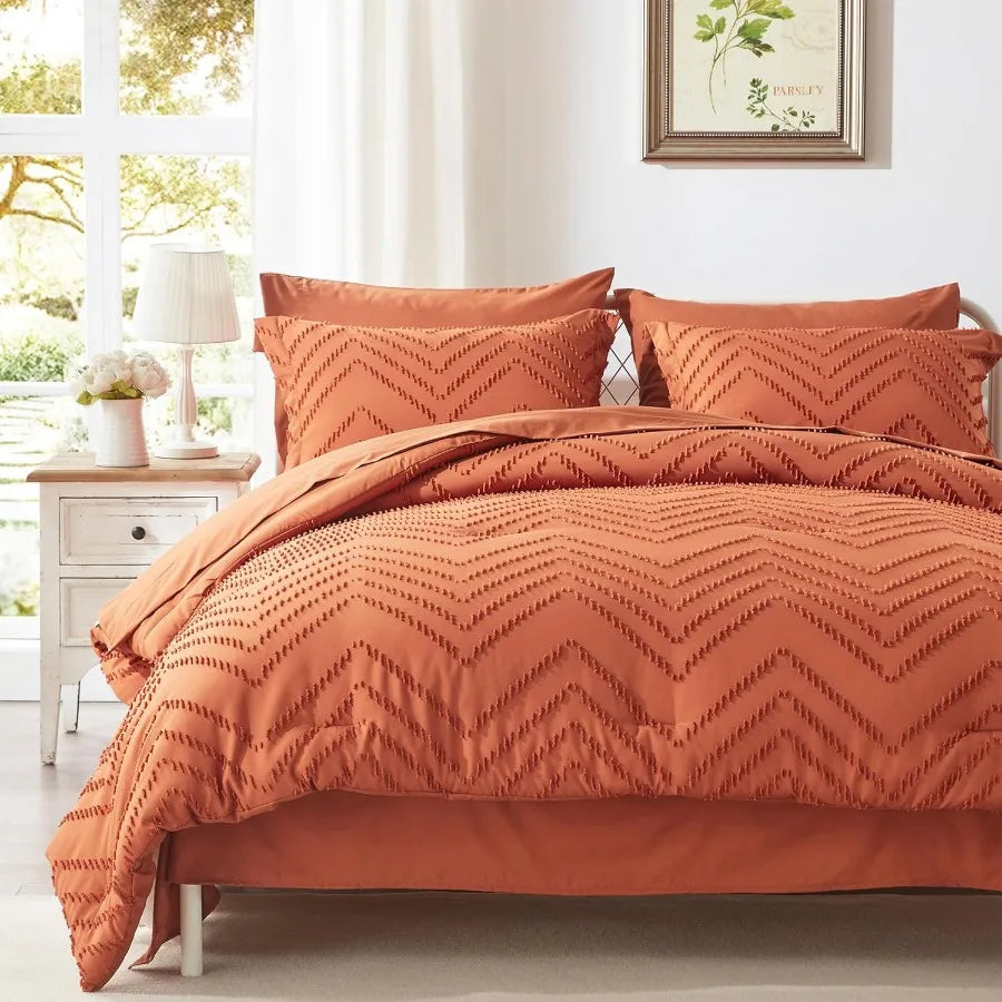 King Bed in a Bag 7 Pieces Burnt Orange Tufted Comforter Set with Comforter Pillow Shams Pillowcases Flat Sheet Fitted Sheet