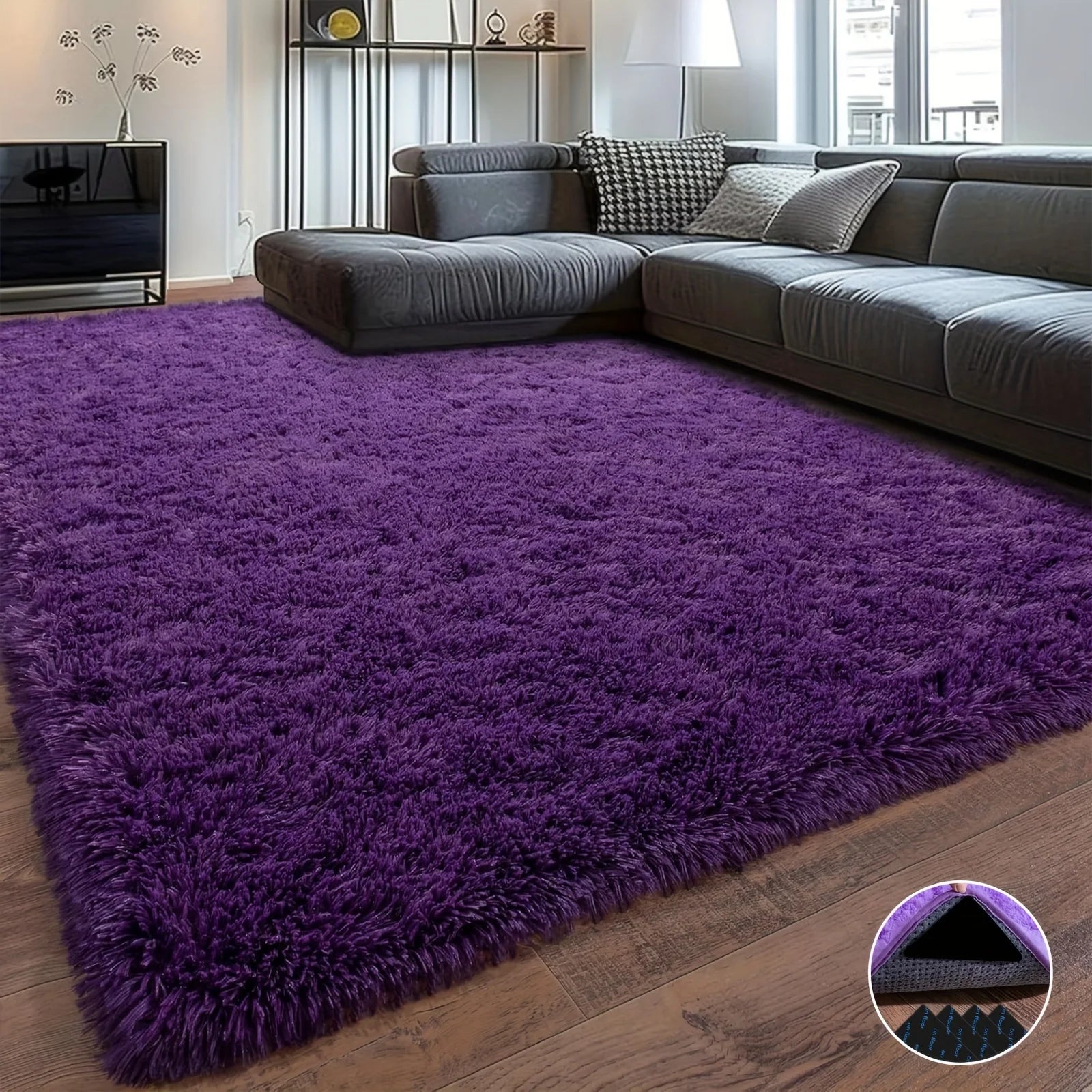 Purple Soft Shaggy Non-Slip Rugs for Living Room/Bedroom/Nursery – Luxury Plush Carpet with 4 Rug Stickers, Ideal Room Decor Rug