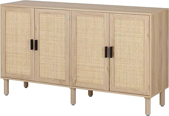 4 door sideboard buffet cabinet, kitchen storage cabinet with rattan decorated doors, cupboard console table, boho accent liquo