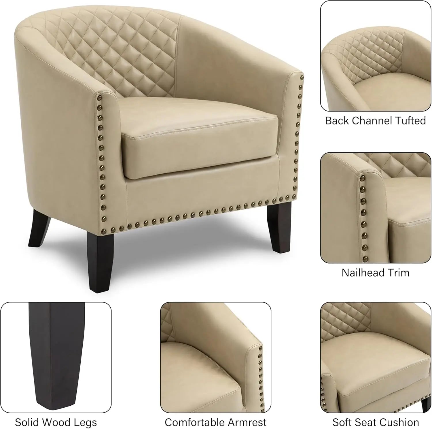 Pia Ricco Faux Leather Barrel Accent Chair – Modern Club Armchair with Wood Legs