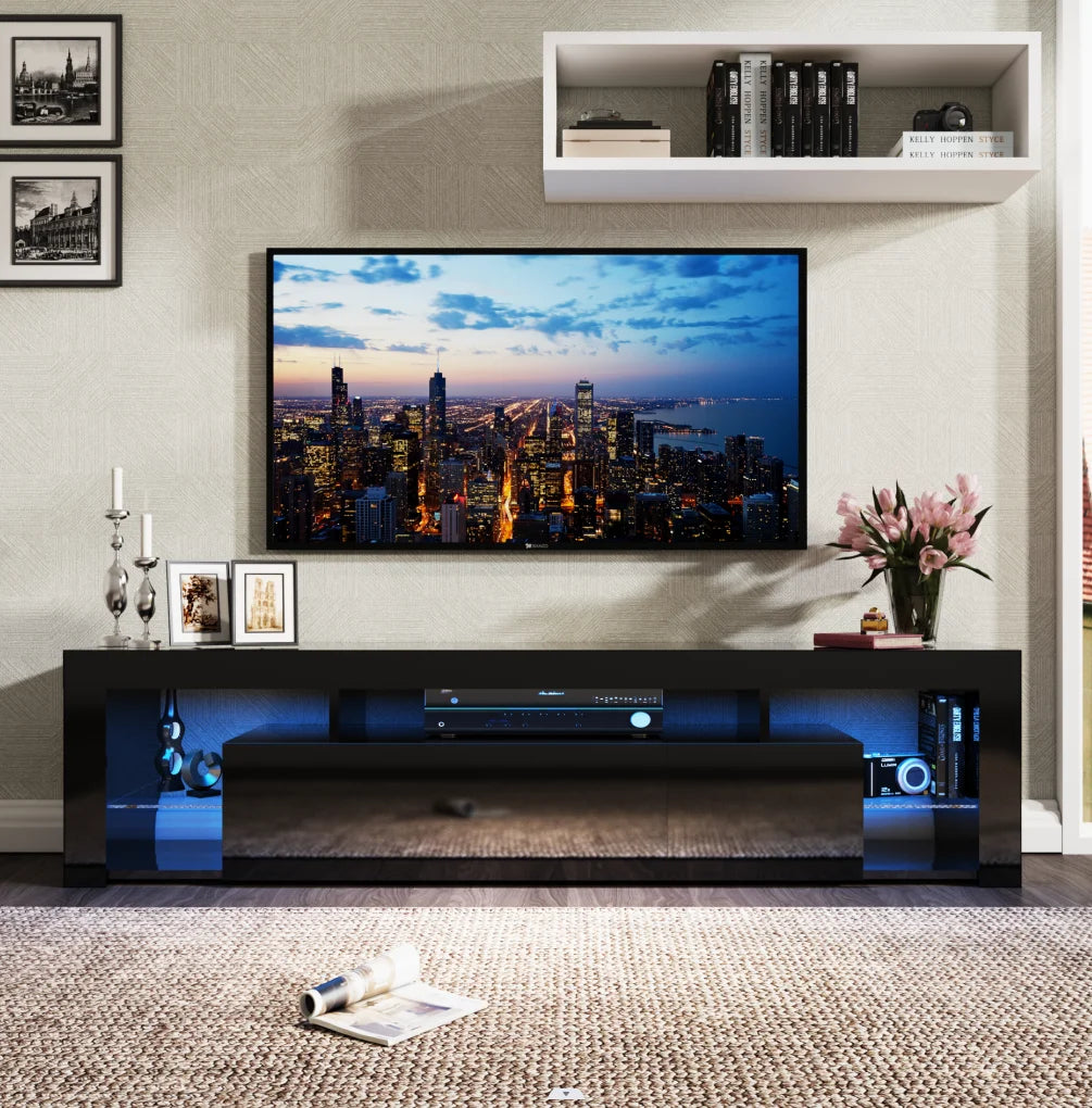 63" Floating TV Stand for 60" TV, LED TV Cabinet w/Power Outlets, Storage and Shelf, Modern High Gloss Media Console Table
