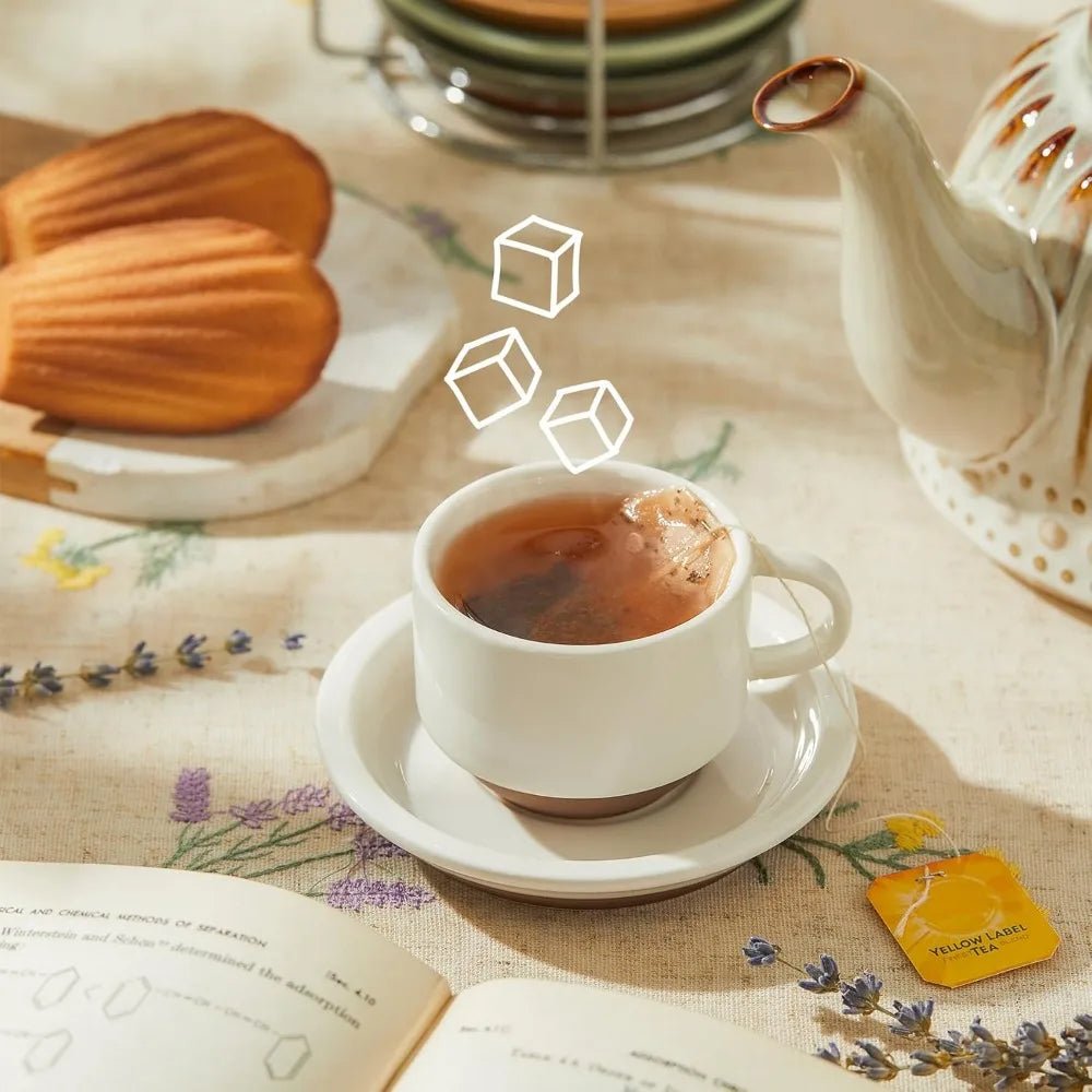 Set of 4 Porcelain Stackable Espresso Cups with Saucers and Metal Stand, Multicolor, 2.5 Ounce