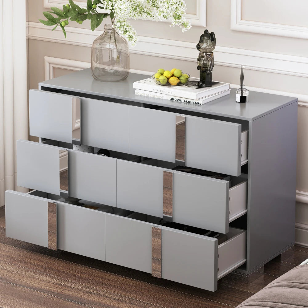 Elegant Modern Dresser with Metal Handle,Mirrored Storage Cabinet with 6 Drawers for Bedroom,Living Room,Gray
