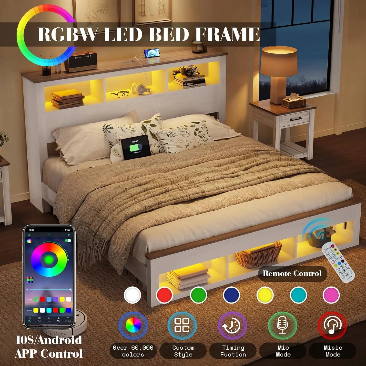 Farmhouse King Size Storage Platform Bed Frame – Bookcase Headboard & Footboard