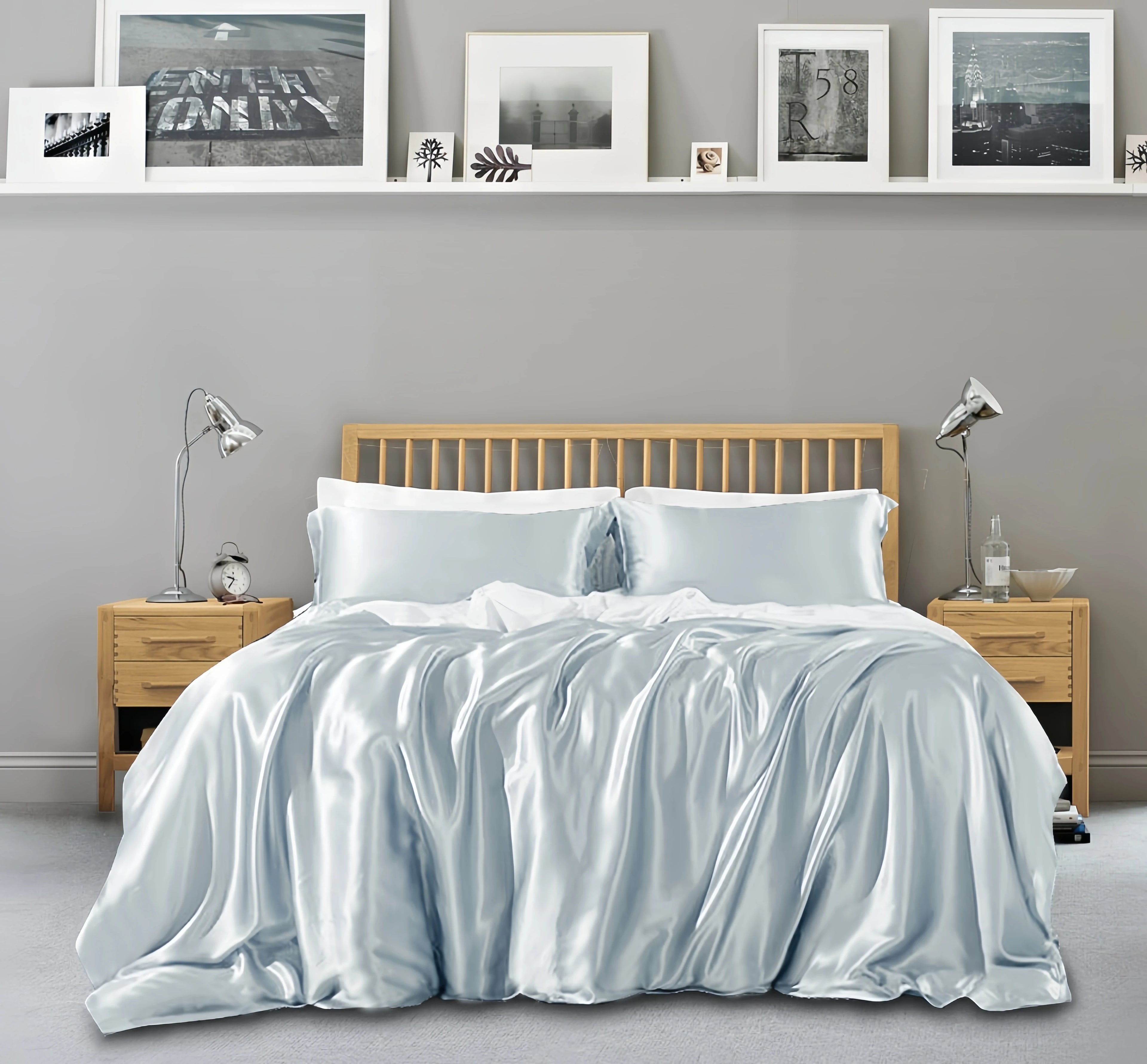 Bed Sheet Set,  22 Mm,  100% Mulberry Silk , Seamless,  Dark Blue  Silvery Colors, Fitted Sheet, Duvet Cover,All Size, Customize