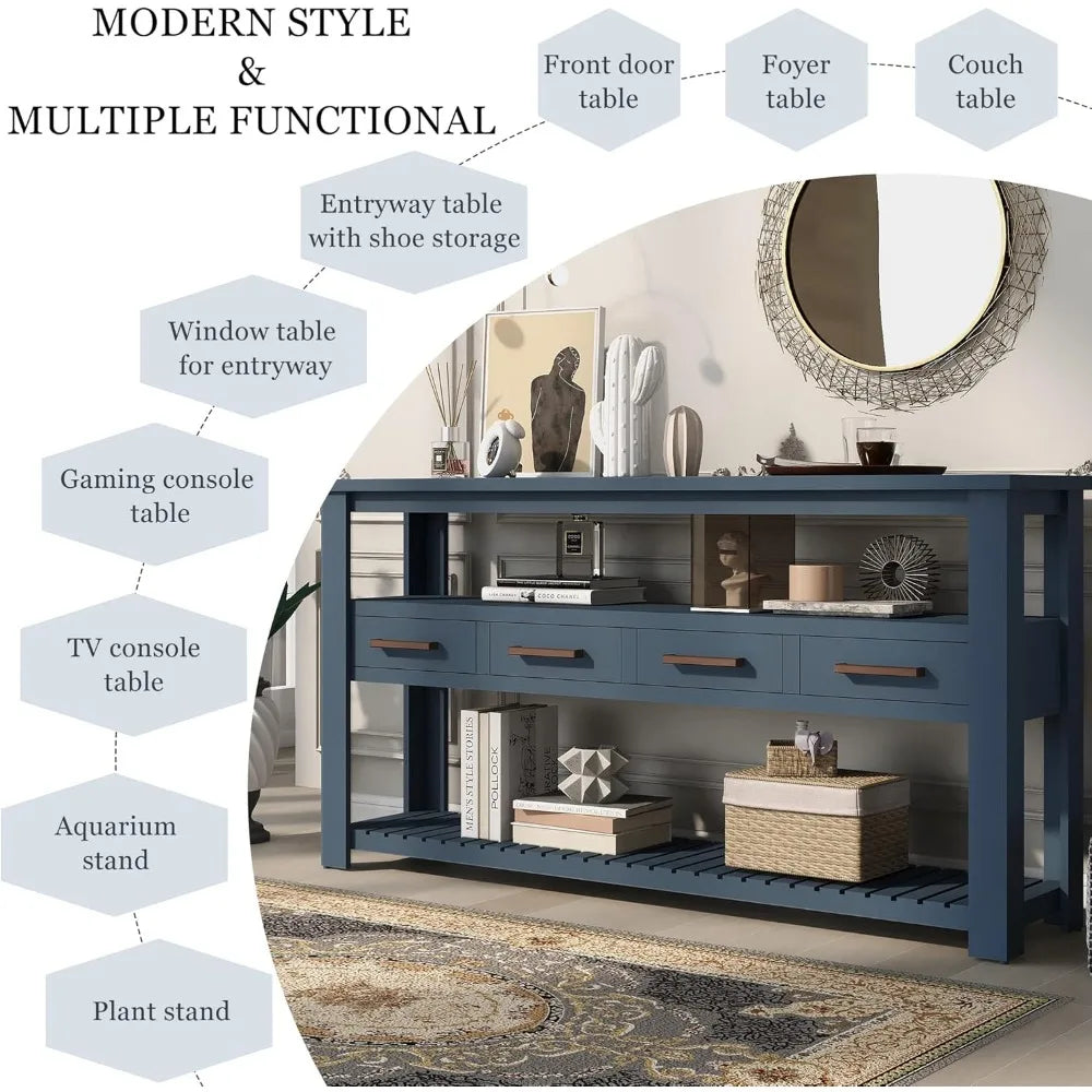 Navy Blue Merax Slim Wood Console Table with Drawers and Lower Shelf for Entryway and Hallway