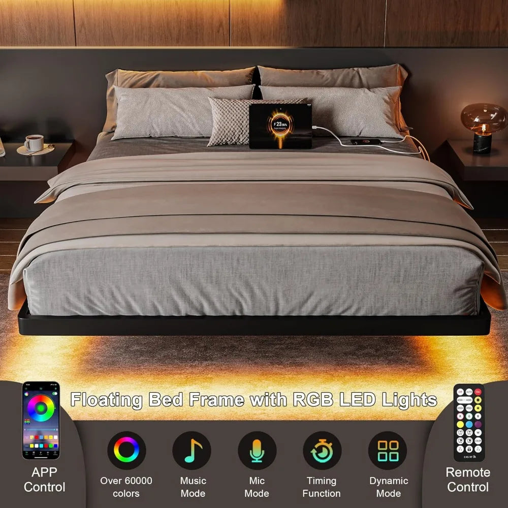 Full Size Floating Bed Frame with Charging Station & LED Lights – Heavy-Duty Steel Slats (Black)