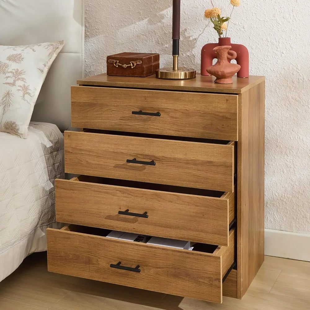 Oak Wooden Nightstand with 4 Drawers Tall Nightstands End Table Modern Bedside Table Storage Cabinet Organizer Unit for Bedroom