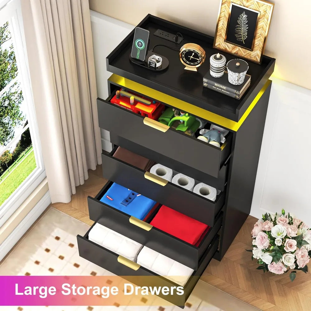 Dresser for Bedroom, Black Dresser with LED Lights, Wood 5 Drawer Chest with Power Outlet, Modern Chest of Drawers for Bedr