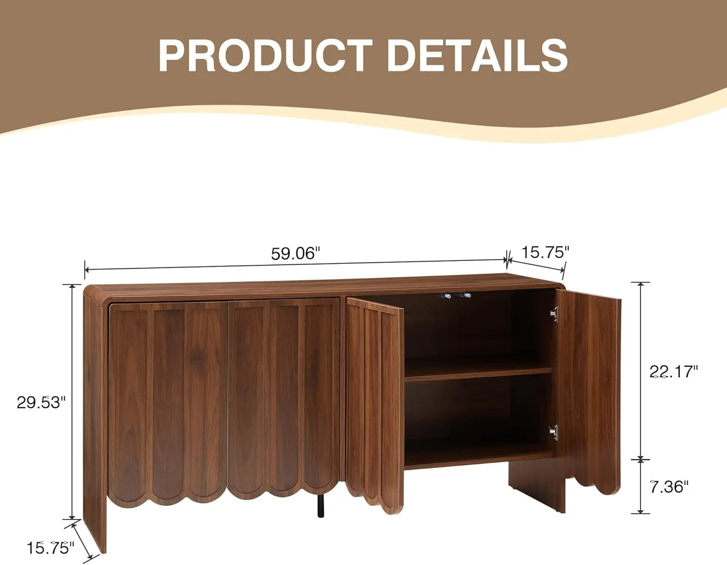 Farmhouse Sideboard Buffet Cabinet, 4-Door Storage with Adjustable Shelves, Walnut Wood, Wave Panel Design for Living Room, Dini