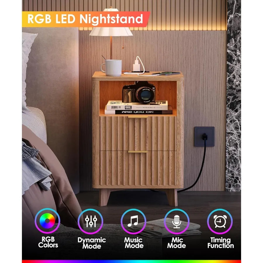 Fluted Nightstand with Charging Station 13.8" D x 15" W x 22.8" H Modern End Table with LED Light Wooden Bedside Table for Bedr