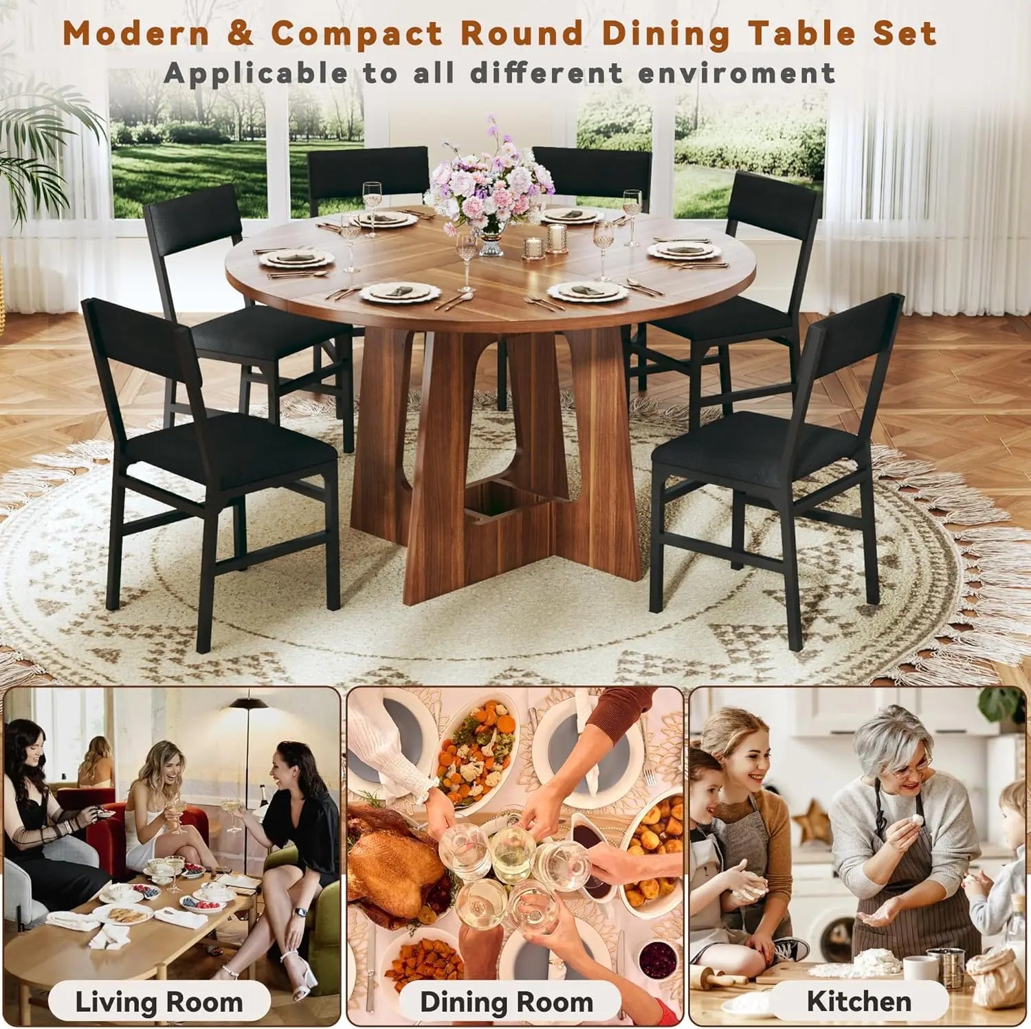 7-Piece Round Dining Table Set for 6, 47'' Wood Base Table with 6 Chairs, Brown, Space-Saving Kitchen & Living Room Furniture