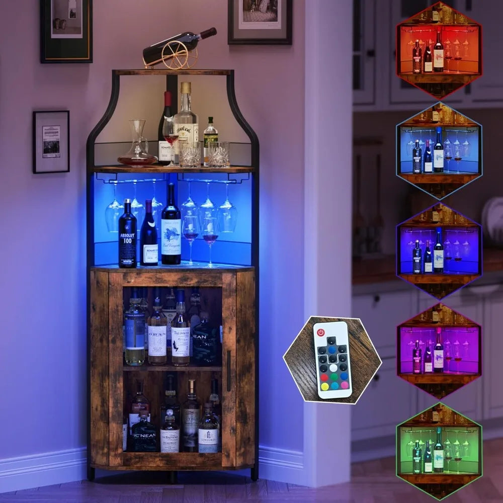 Corner Bar Cabinet – 5-Tier Industrial Wine & Liquor Cabinet with LED Lights
