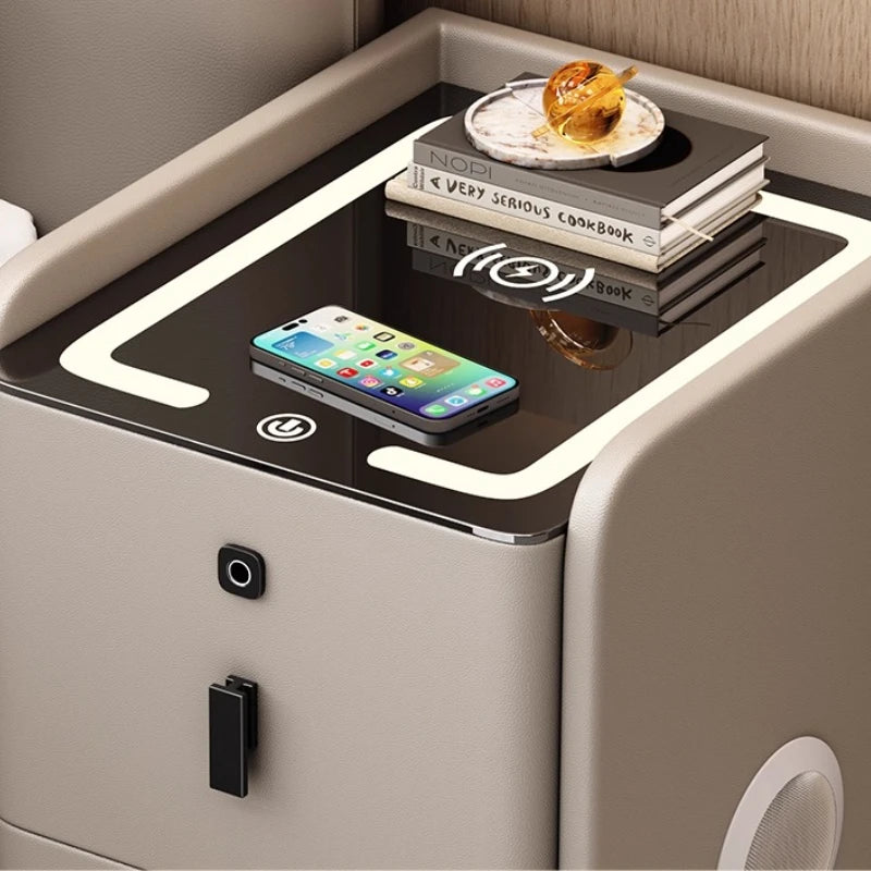 Ultra Narrow Smart Nightstand Luxury Bedside Table Minimalist Solid Wood Storage Cabinet Compact Bedroom Organizer with Charging