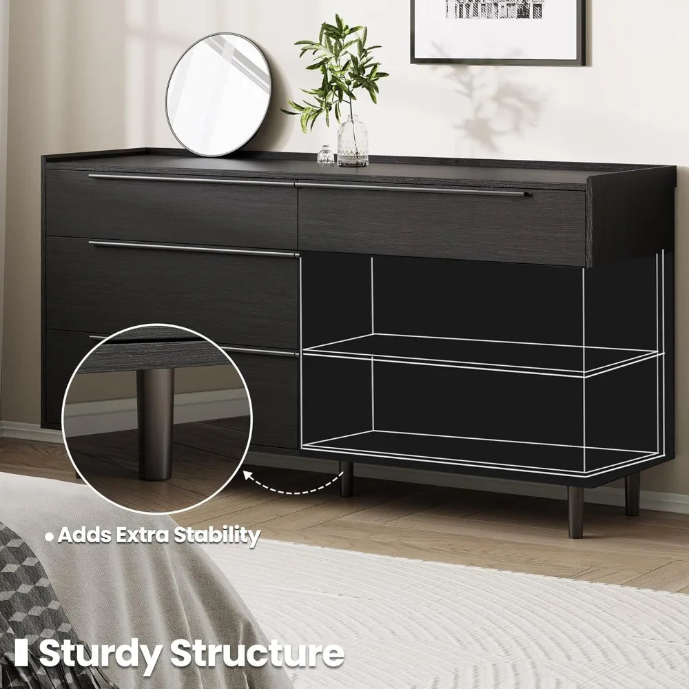 Modern Minimalist 60" Black Dresser for Bedroom, Large 6 Drawer Storage Cabinet with Sleek Metal Handles, Clothes Organizer