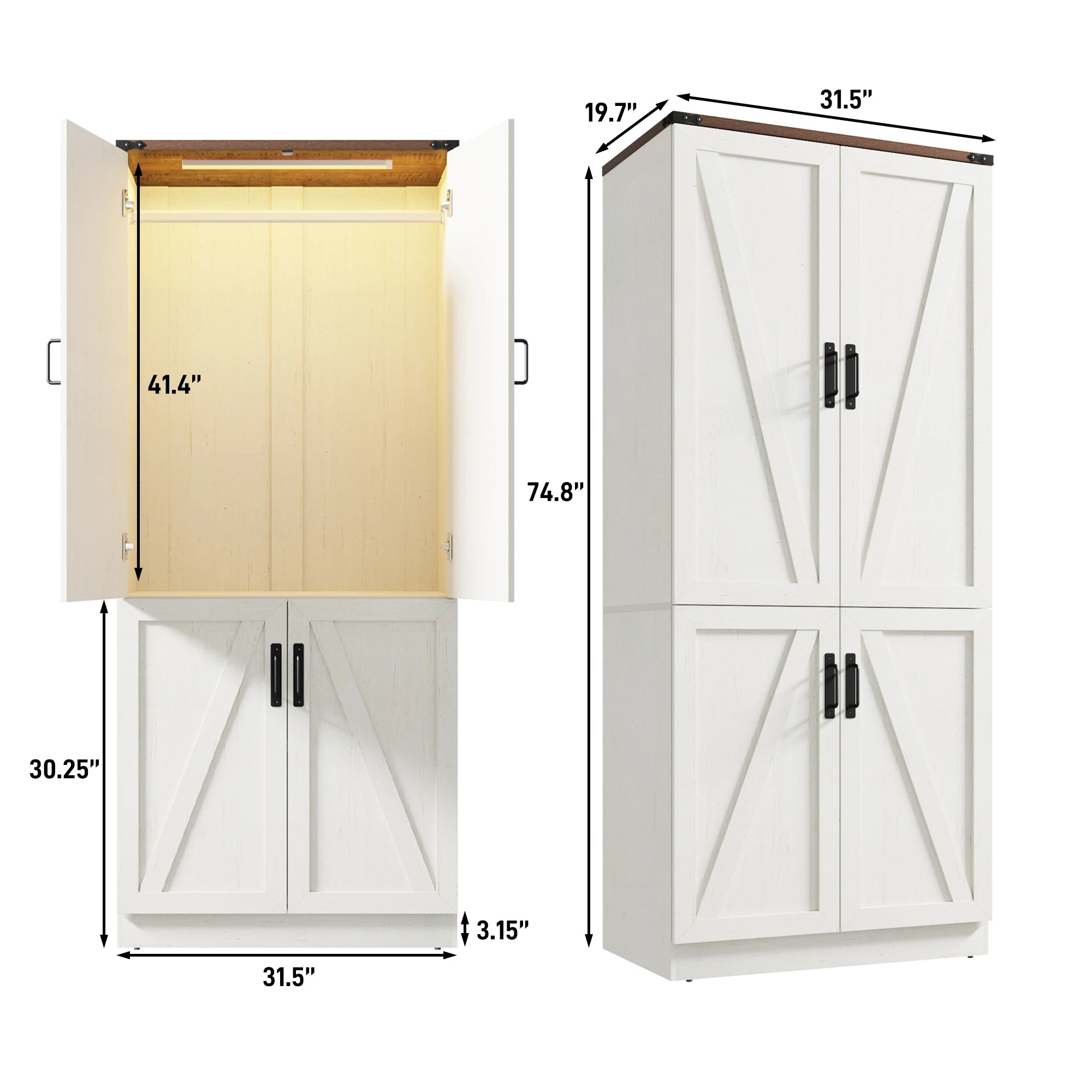 75" Tall Farmhouse 2 Doors Armoire Wardrobe Closet with LED, Freestanding Closet Wardrobe Cabinet for Bedroom