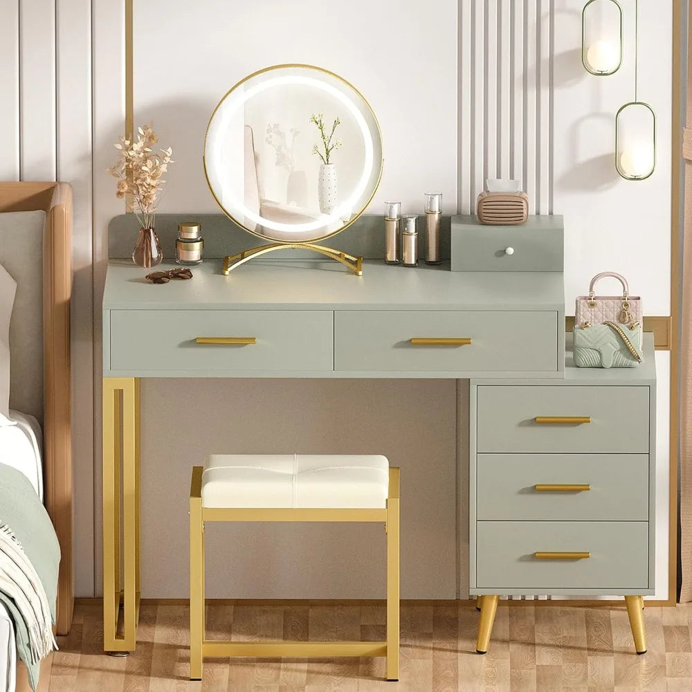 vanity desk with mirror and lights, modern makeup vanity table set with 6 storage drawers and cushioned stool for bedroom, dress