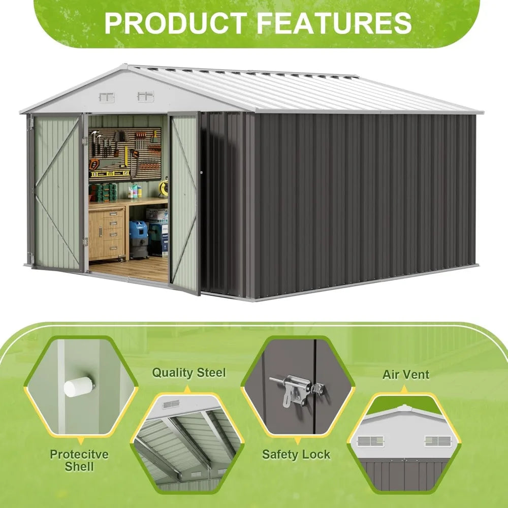 Large Grey Metal Outdoor Storage Shed - 10x10 FT Garden & Tool Shed for Backyard Patio Lawn