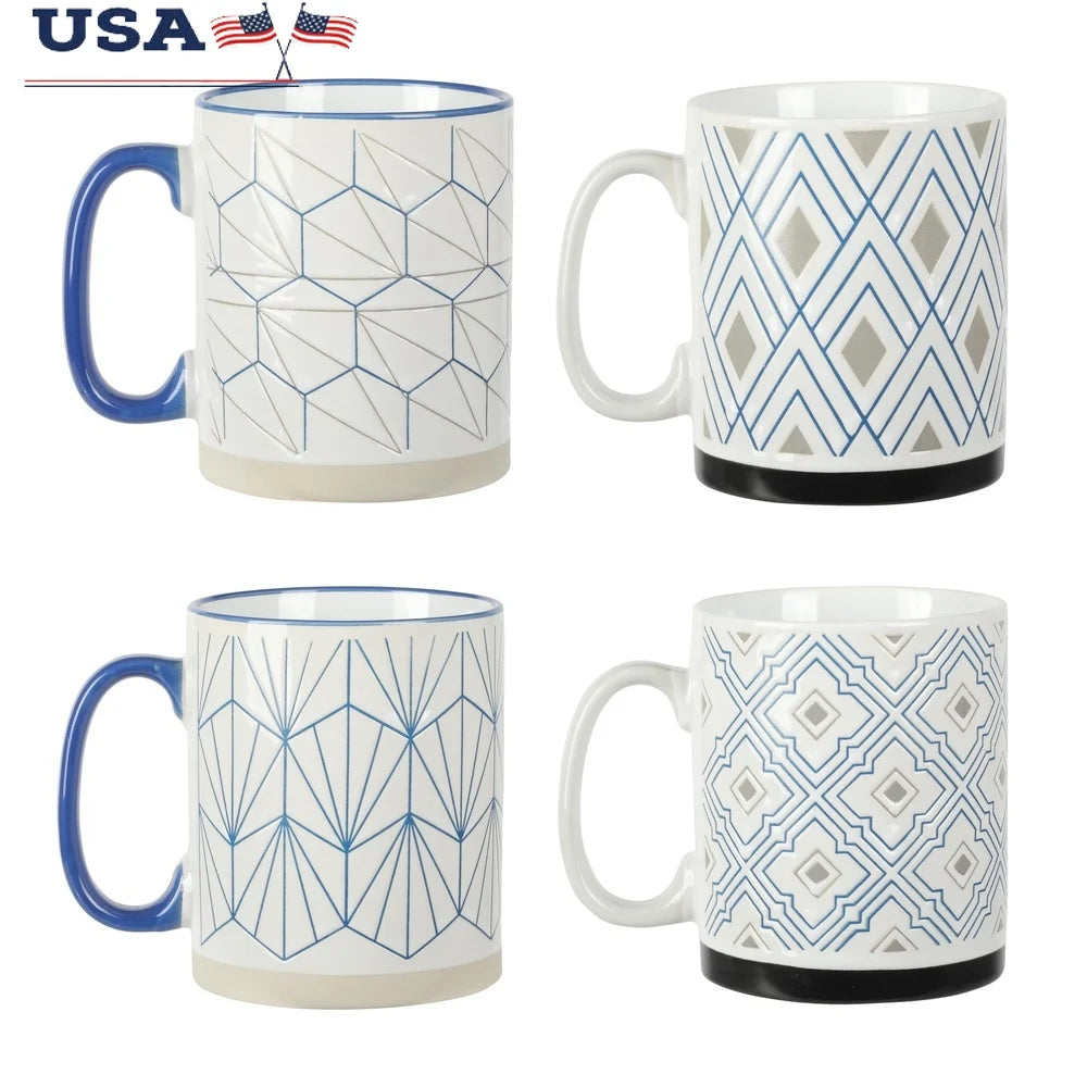 Durable Stoneware Coffee Mug Set 17oz 4 Pieces Embossed Geometric Design Dishwasher Microwave Safe Unique Kitchen Drinkware