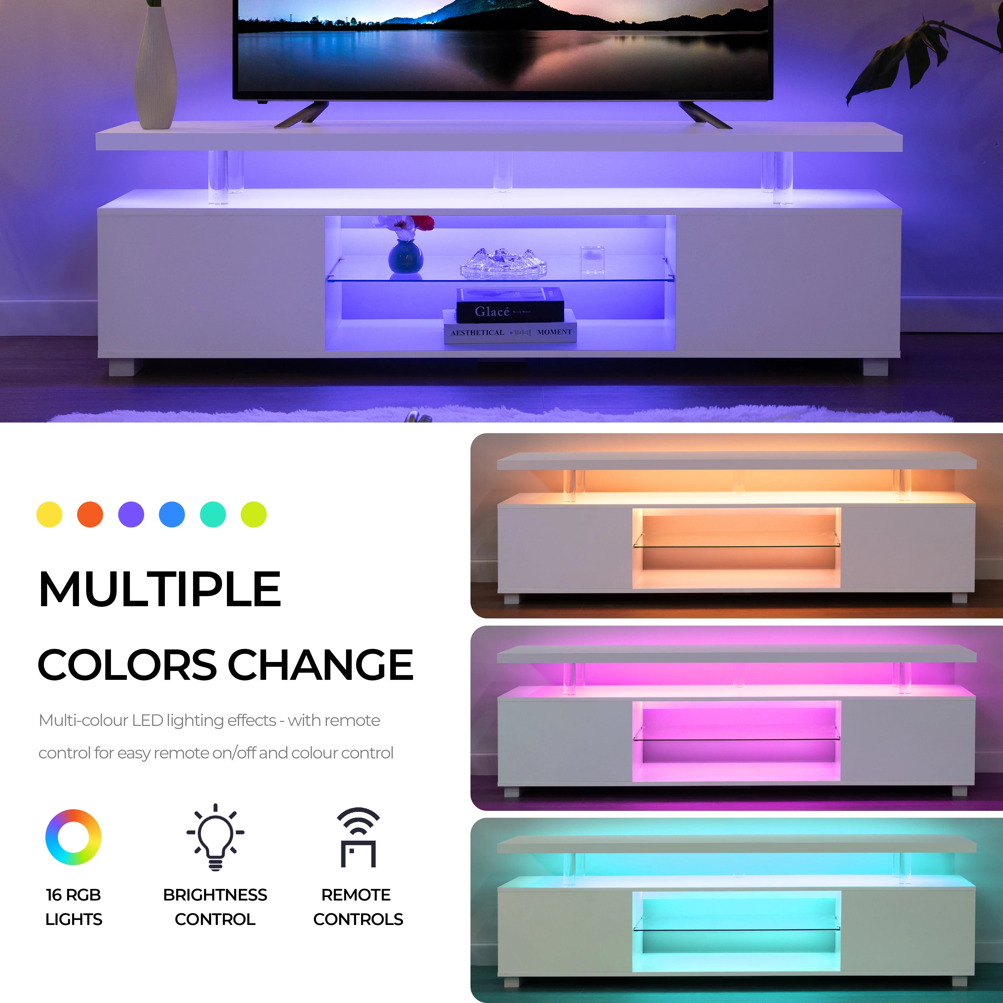 LED TV Stand White Entertainment Center, Gaming Center for 60 65inch TV with Storage, TV Stands for Gaming Living
