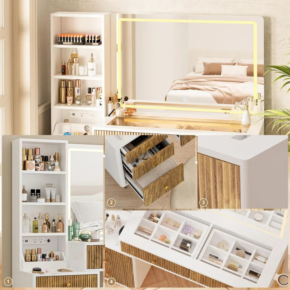 Fluted Vanity Desk with 32'' HD Mirror and Lights, 44''/w Modern Glass Top Makeup Vanity Table with Drawers & Charging Station,