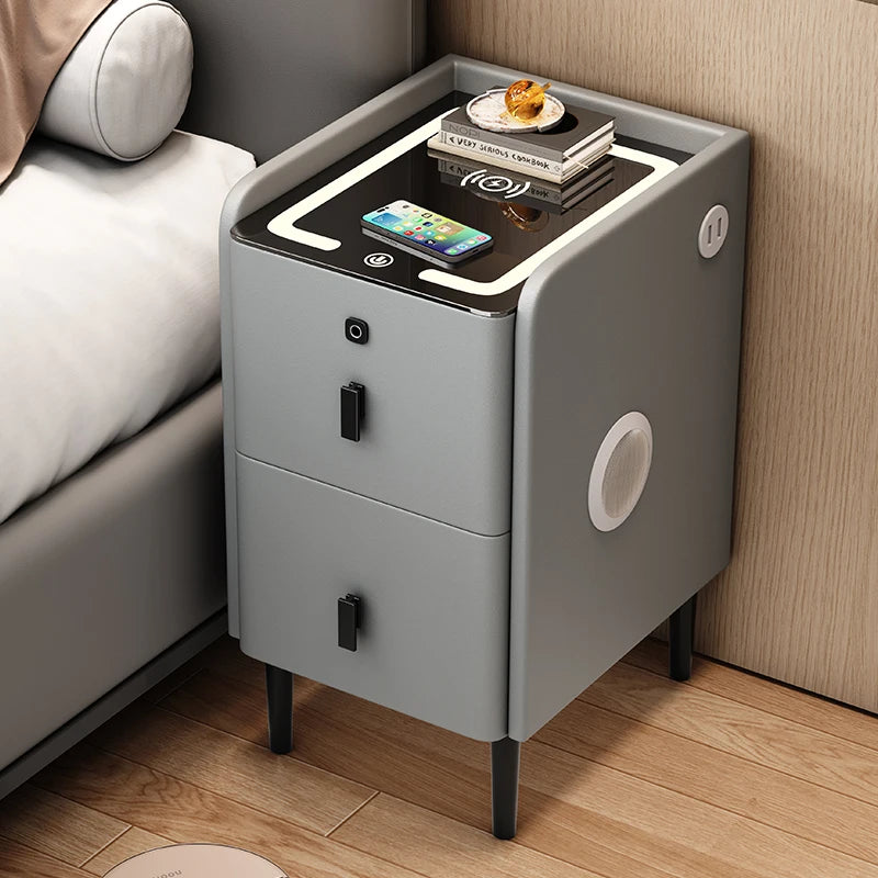 Ultra Narrow Smart Nightstand Luxury Bedside Table Minimalist Solid Wood Storage Cabinet Compact Bedroom Organizer with Charging