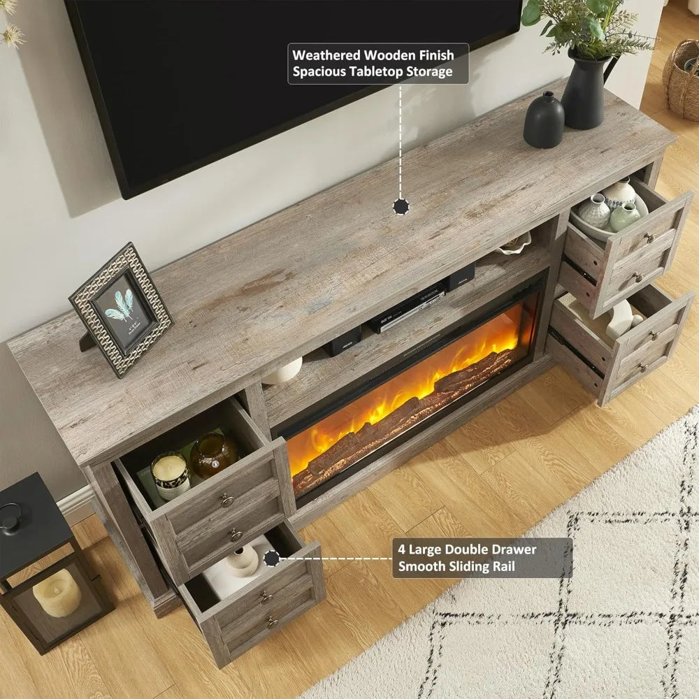 70" Fireplace TV Stand for 80" TVs | 36" Electric Fireplace Console w/ Drawer Storage | Media Center for Living/Bedroom