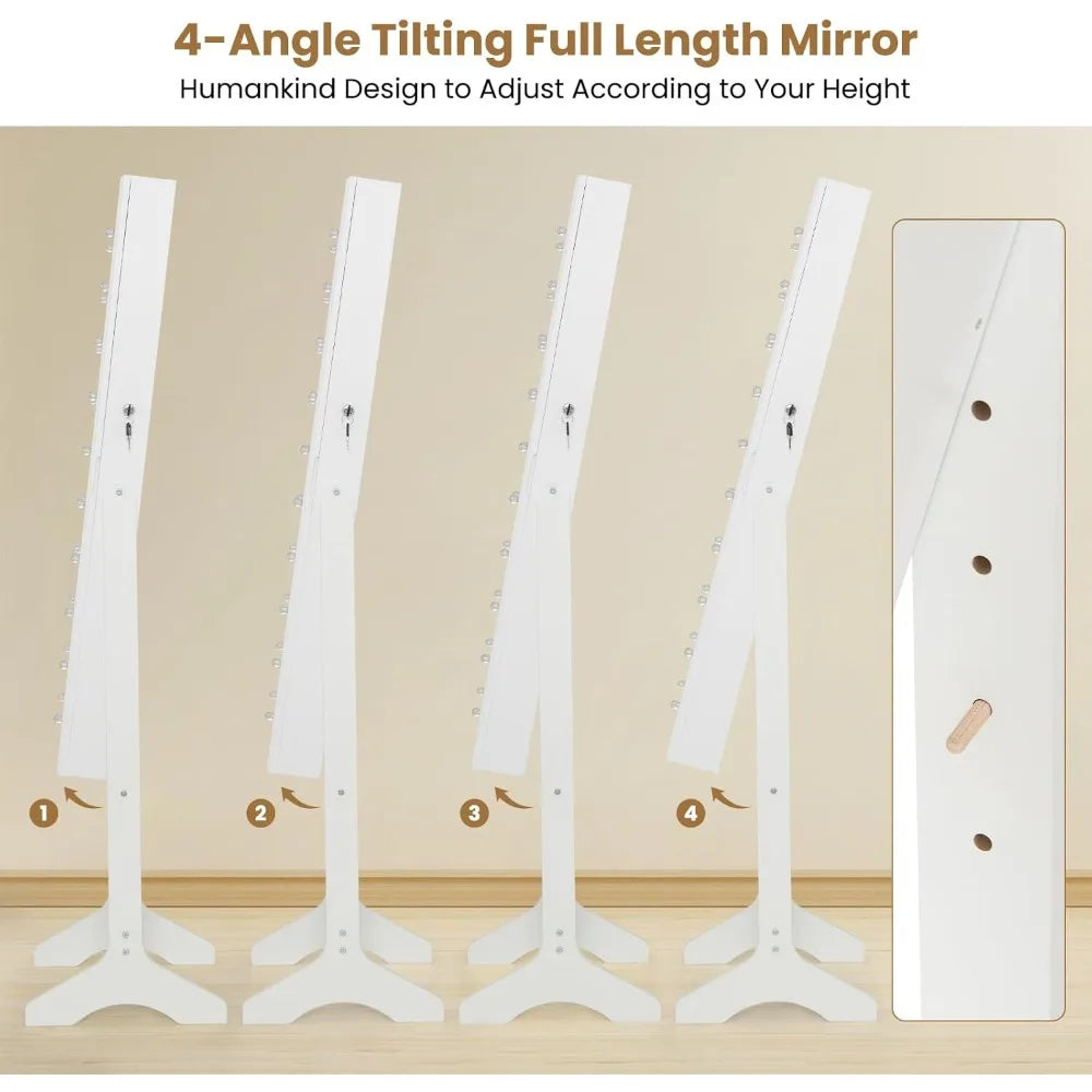 Standing Jewelry Armoire with Lighted Full Length Mirror, Lockable Jewelry Cabinet Organizer with 20 LED Lights