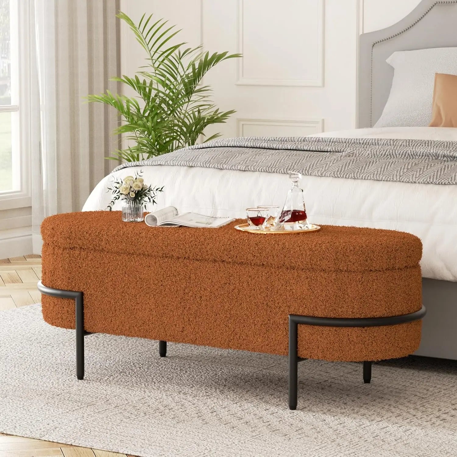 Sherpa Upholstered Storage Ottoman Bench – Metal Stand Living Room Bench