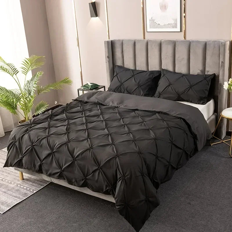 3D Buttoned Pleated Quilt Cover Set 100% Polyester Fabric Soft Skin-friendly Duvet Cover and Pillowcases Solid Color Bedding Set