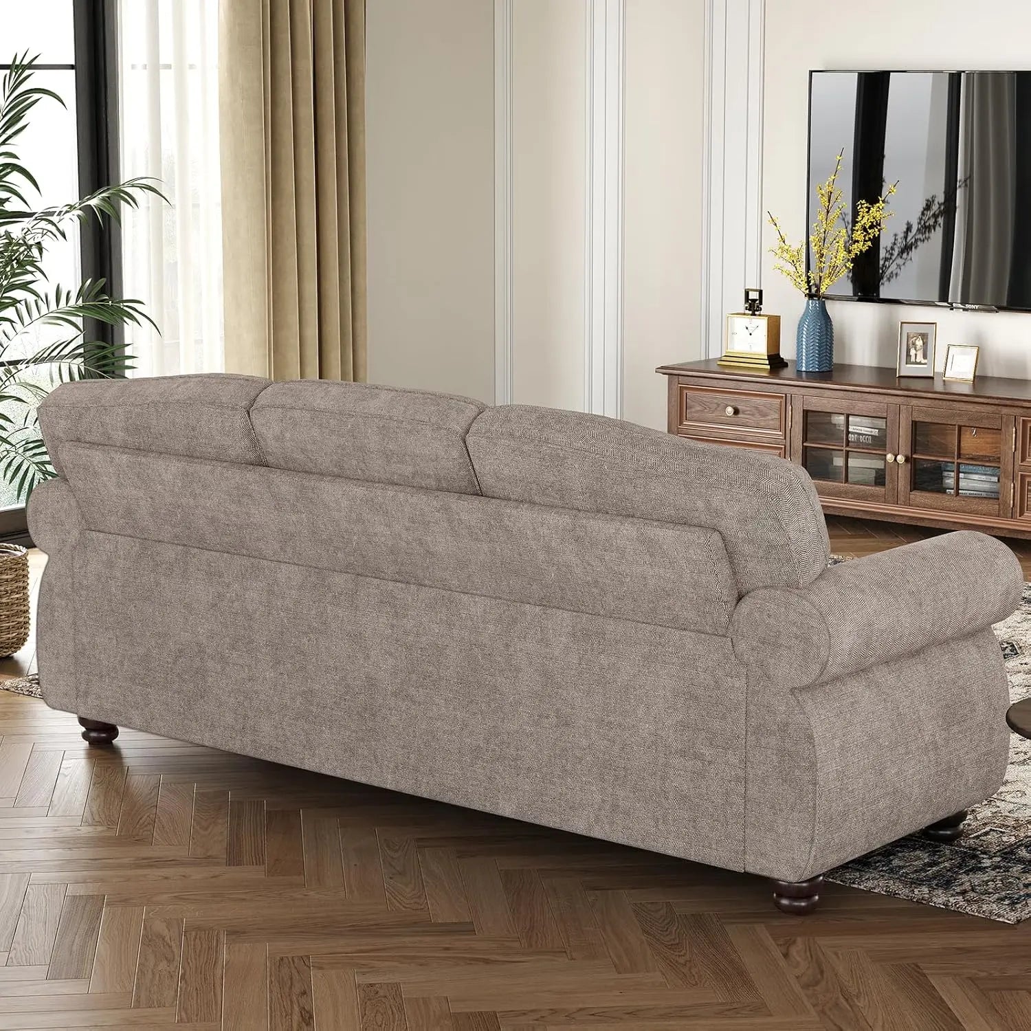 90 Inch Nailhead Trim Couch for Living Room, 23 Inch Deep Seat Rolled Arm Sofa, Comfy Upholstered 3 Seater Chenille Couch w/Wood