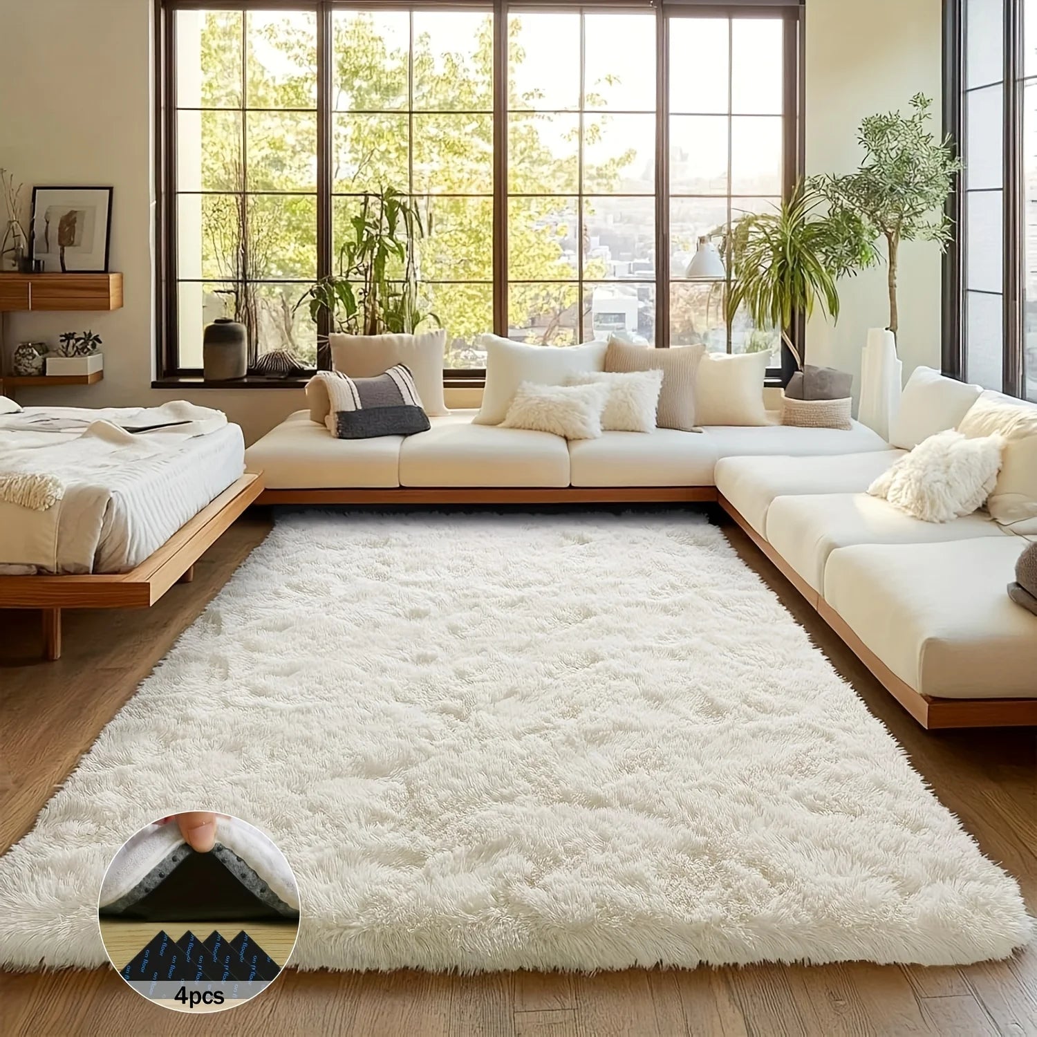 Off-White Soft Shaggy Non-Slip Rugs for Living Room/Bedroom/Nursery – Luxury Plush Carpet with 4 Rug Stickers, Ideal Room Decor