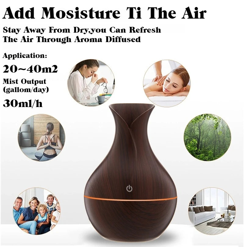 7-Color LED Humidifier Vase, 200ML Wood Grain Household Humidifier, Silent Aromatherapy Diffuser for Summer, Office & Indoor Use