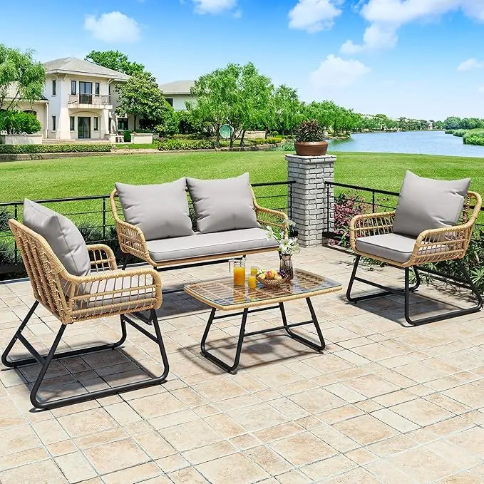 4-Piece Patio Furniture Wicker Outdoor Bistro Set, All Weather Rattan Loveseat Gray Rope Conversation Sets with Soft Cushions a