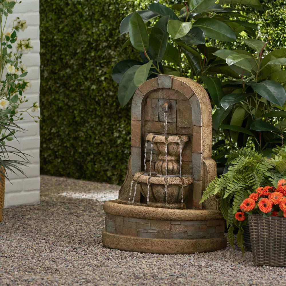 29" Stone Gray Outdoor Water Fountain Weatherproof Standing Waterfall Roman-Style 2-Tier Floor Water Flows for Garden Backyard