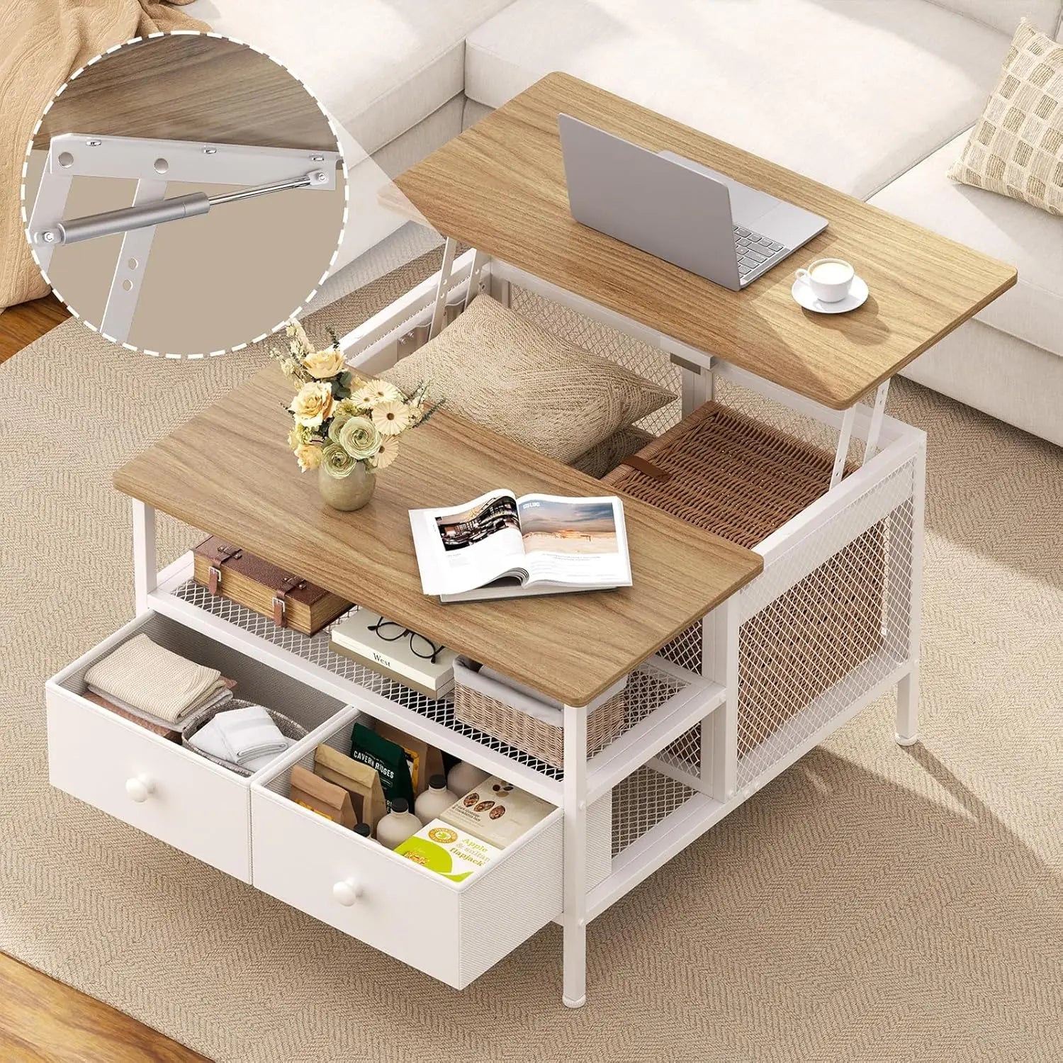 Farmhouse Lift-Top Coffee Table – Square Wood & Metal Table with Barn Door Storage