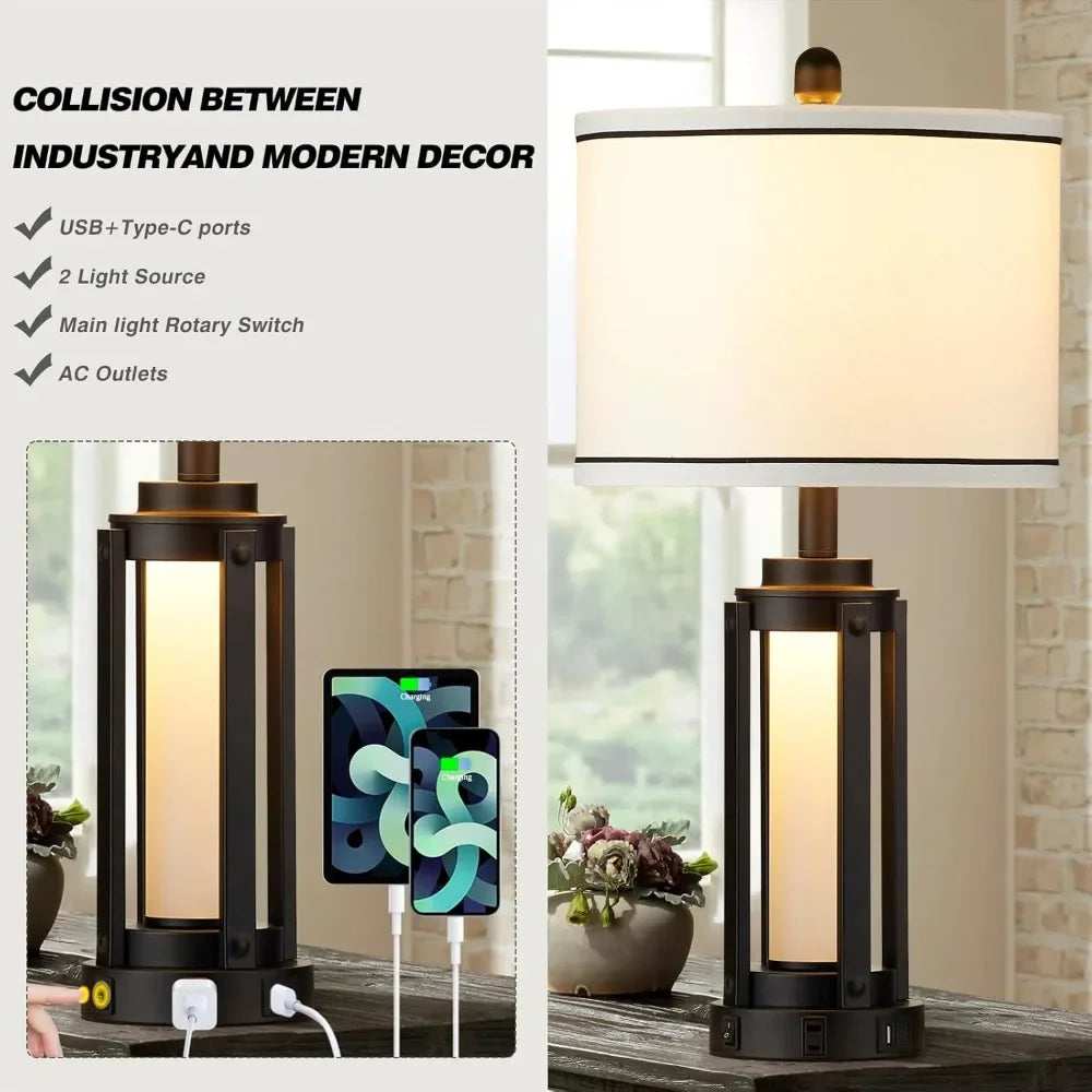 Customizable-25" Modern Table Lamps Set Of 2, Industrial Beside Lamps With USB A+C Charging Ports & AC Outlet, Nightstand Lamp W