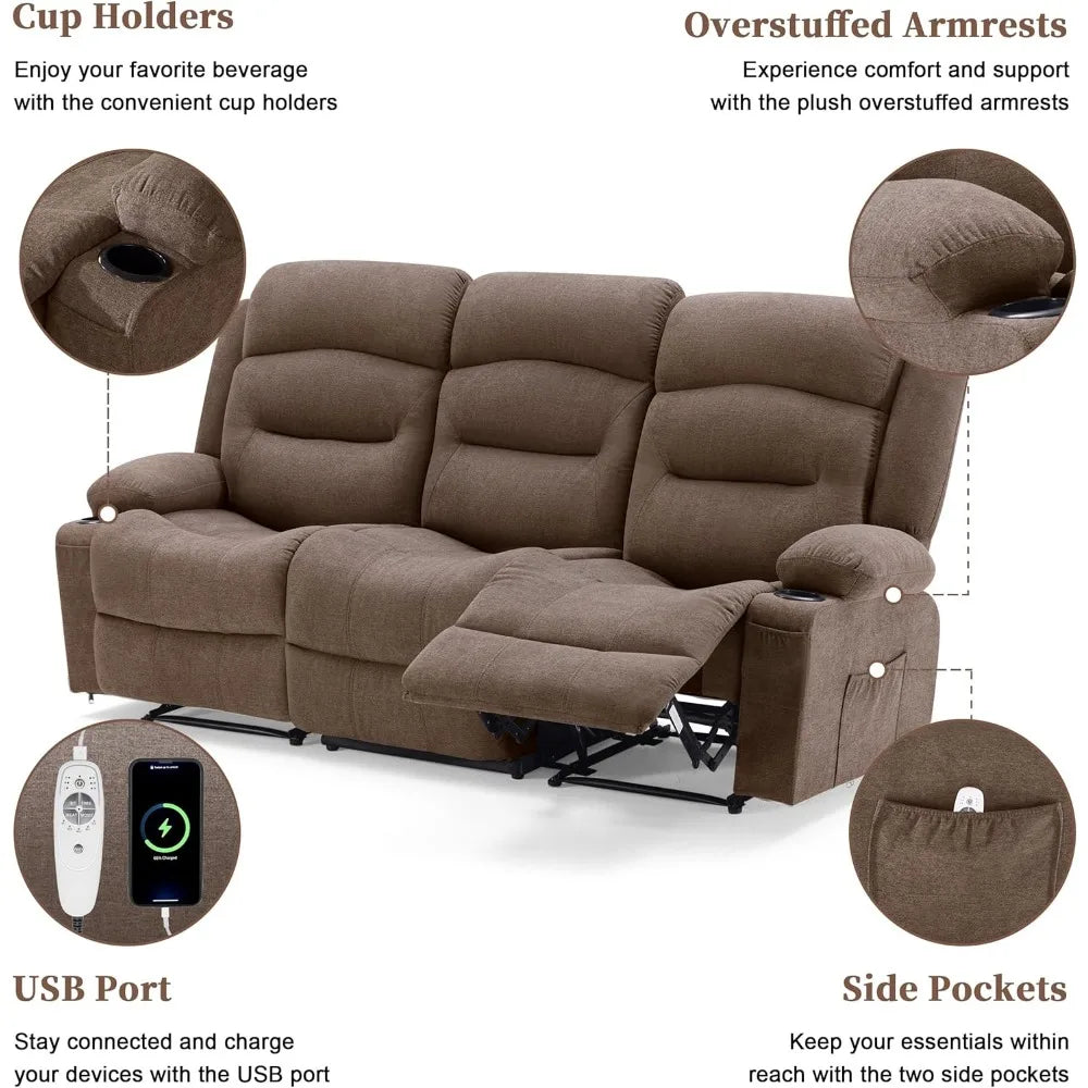 Oversized Recliner Sofa with Heat and Massage, Wall-Hugger Reclining Sofa with USB Port and Cup Holders, Large Big 3-Seater RV R